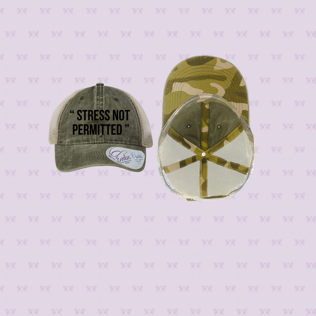 “ STRESS NOT PERMITTED” Embroidered Mesh-Back Cap | Sun Protection + Autoimmune-Friendly